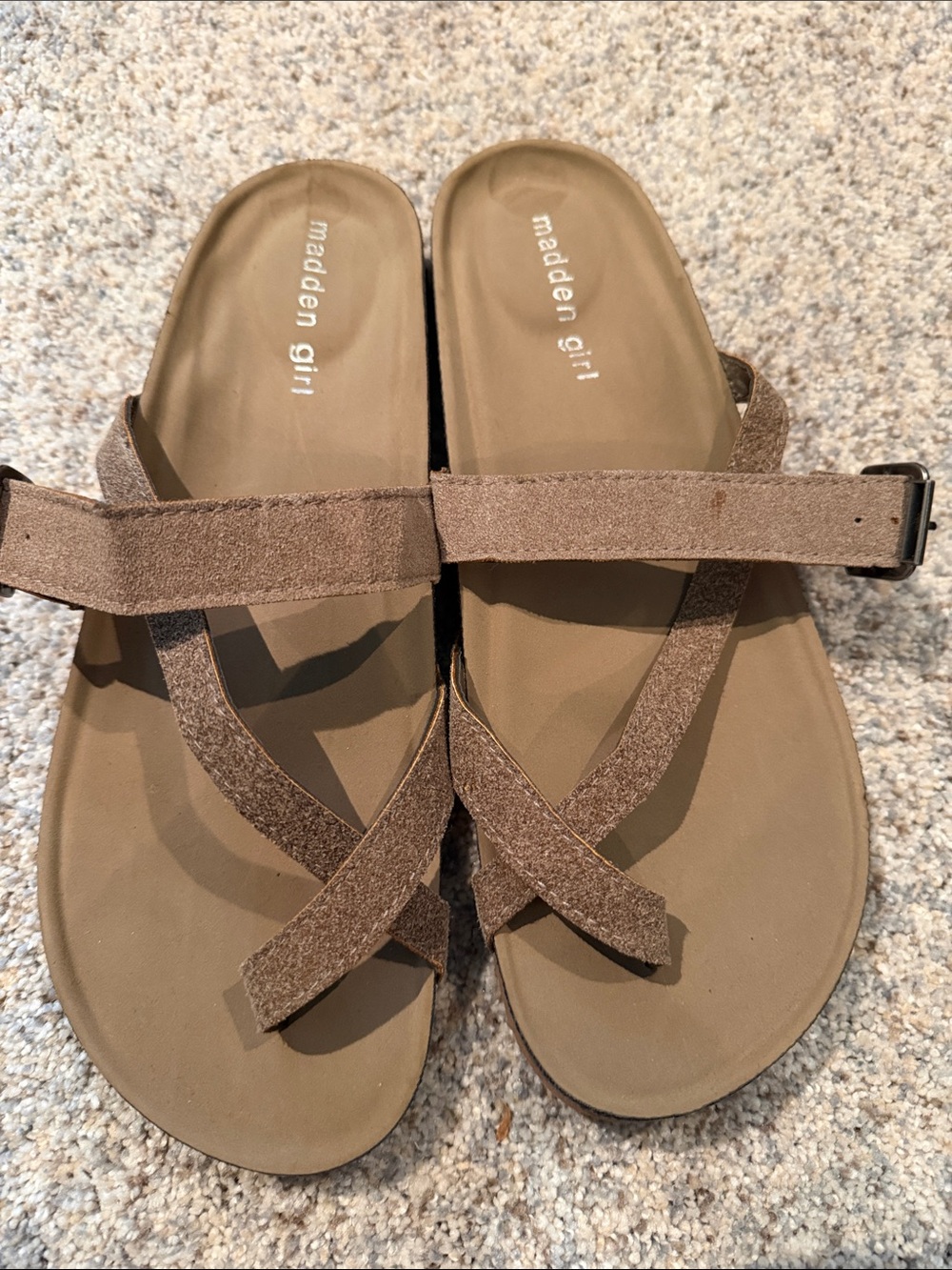 Madden Girl Tan Suede Cross-Strap Slide Sandals